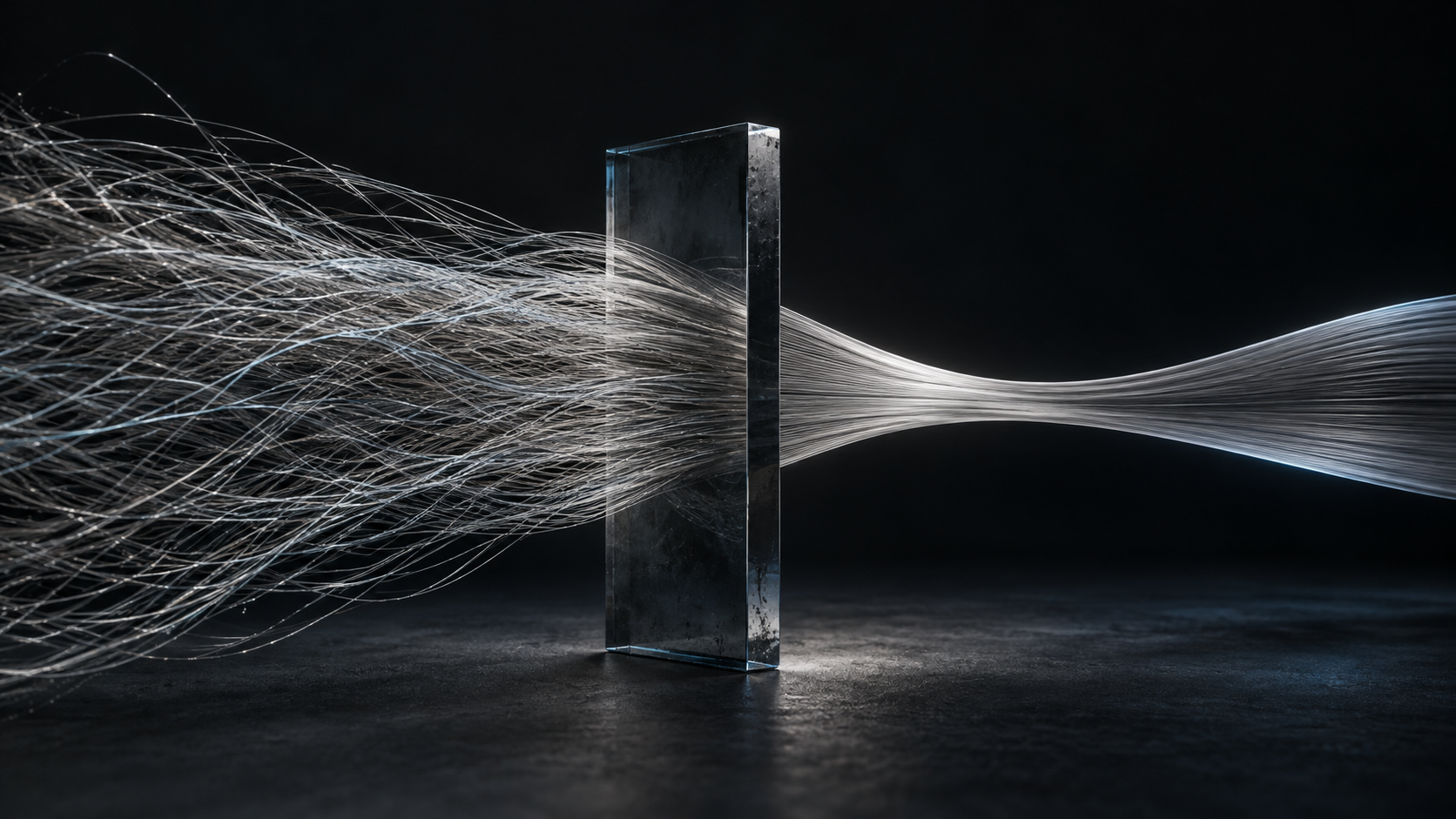 Conceptual artwork: fine silver threads pass through a smoked-glass boundary and form a focused ribbon.